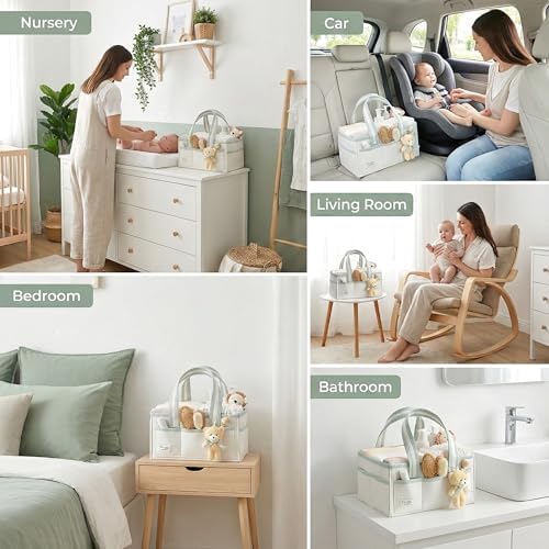 Portable baby diaper caddy showing interior compartments and removable dividers