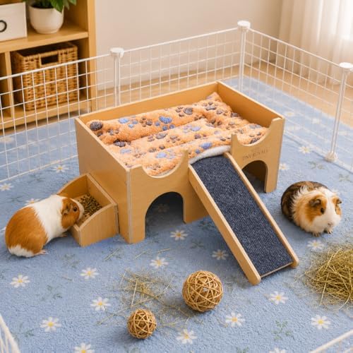Guinea Pig Wooden Hideout with Built-in Feeder, Screw-Assembled Natural Wood Castle with Absorbent Fleece Mat, Ramp & Accessories, Cozy Safe Hideaway for Small Pets to Rest, Play & Explore - Image 5