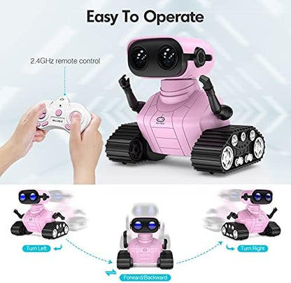 Pink rechargeable robot toy with tank tracks
