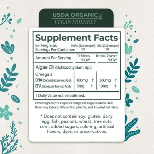 LiveWise Naturals plant based infant omega 3 liquid supplement showing ingredients panel