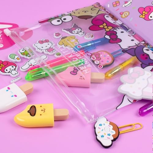 Detailed view of Hello Kitty and Sanrio themed gel pens and highlighters