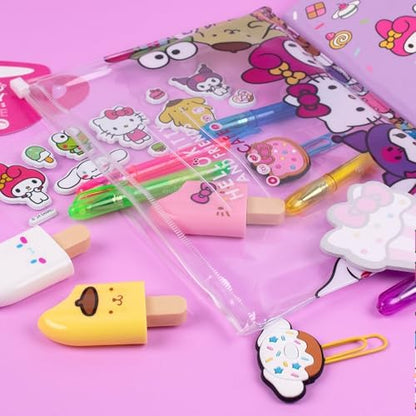 Detailed view of Hello Kitty and Sanrio themed gel pens and highlighters