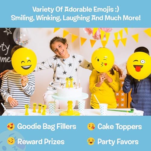 Multiple colorful emoji poppers mid-air demonstrating high-bounce jumping action
