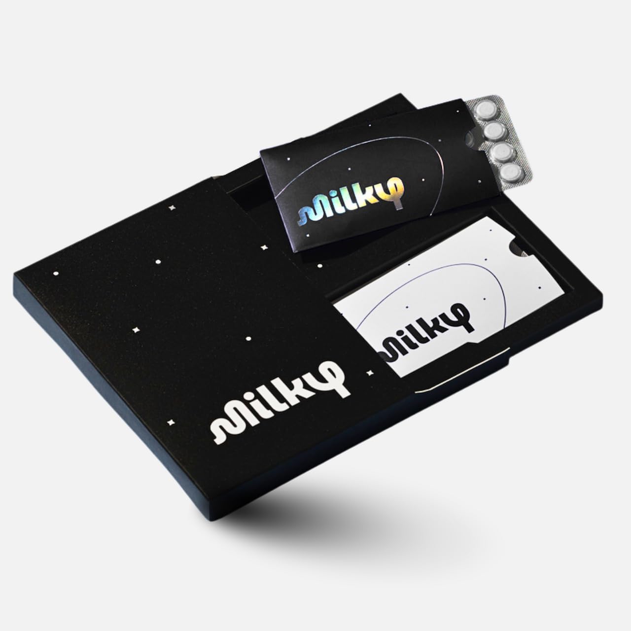 Milky Lactose Intolerance Pills Cosmic Black front view of premium dairy relief packaging