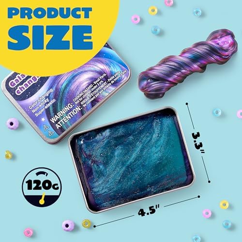 Hands stretching the non-toxic galaxy slime to show its purple and blue color-shifting effect.