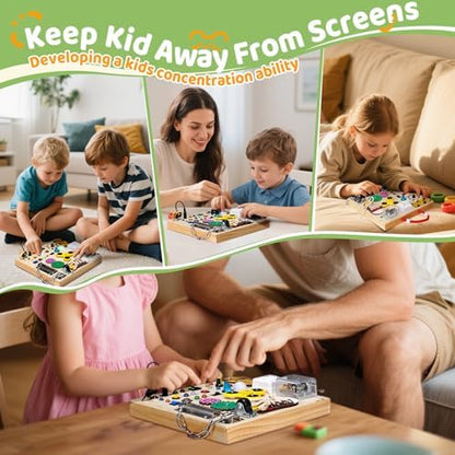 Toddler sensory travel toy displaying the integrated lace up shoe and metallic lock mechanisms for practical skill learning.