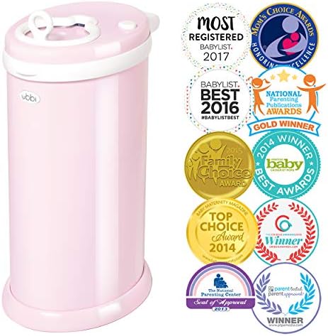 Ubbi pink steel diaper pail showing open sliding lid mechanism