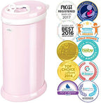 Ubbi pink steel diaper pail showing open sliding lid mechanism