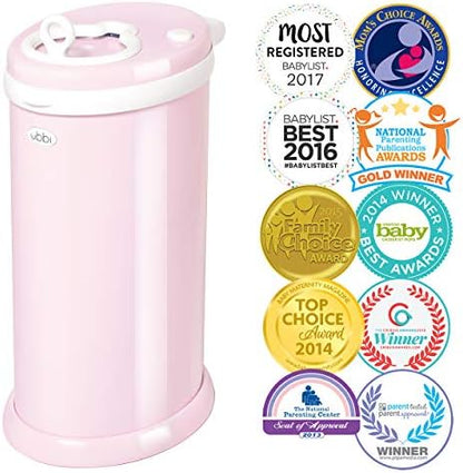 Ubbi pink diaper pail showing sliding lid mechanism