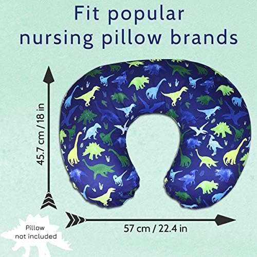 Close up of watercolor dinosaur pattern on nursing pillow cover