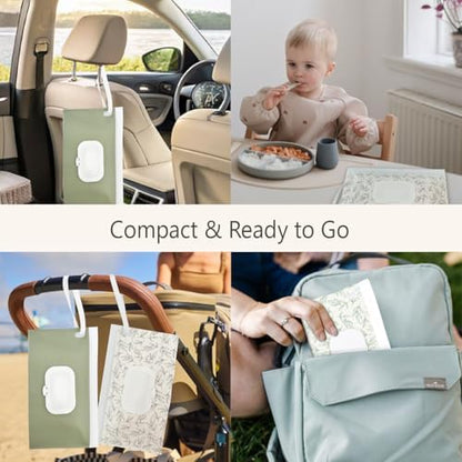 Sage green Cephira wipes pouch styled inside a modern diaper bag