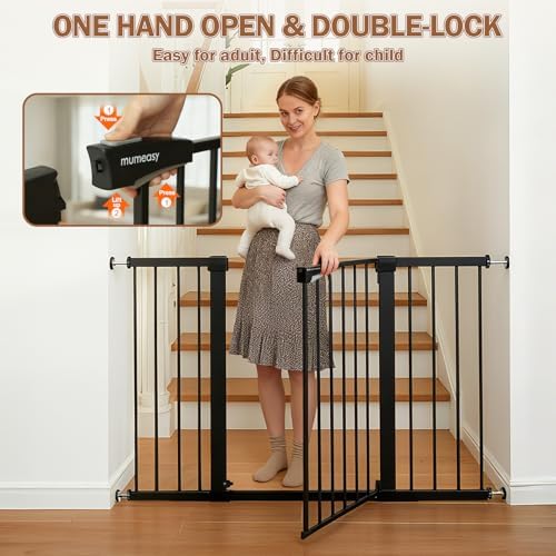 Mumeasy auto close metal pet barrier highlighting the no drill tension bolt system against a wall