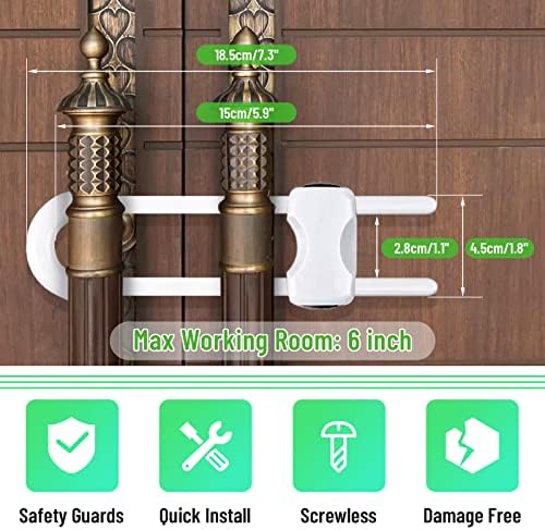White U-shaped child safety latch on cabinet handle