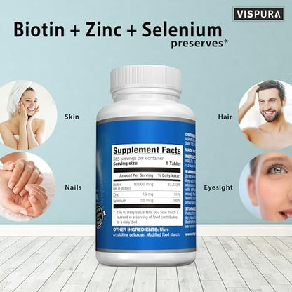 Vispura Biotin 10000mcg dietary supplement packaging details