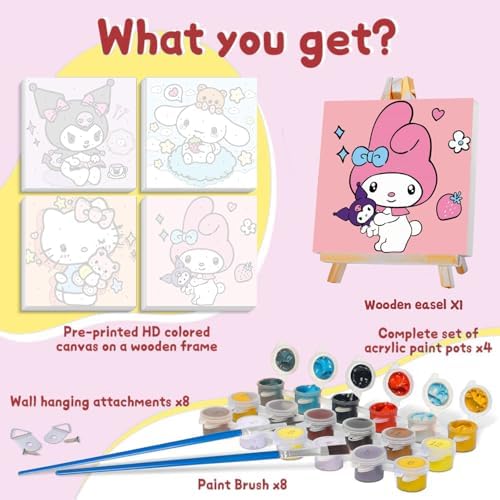 Polished reusable mini wooden easel holding a cartoon paint-by-number canvas for kids bedroom decor.