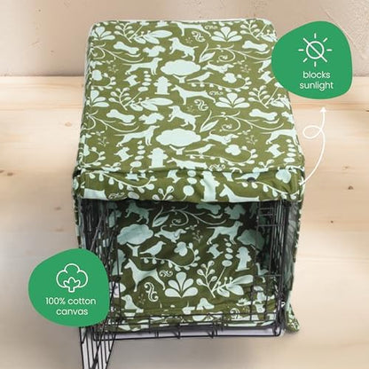 Close up look at the durable green floral cotton fabric of Molly Mutt pet kennel canopy