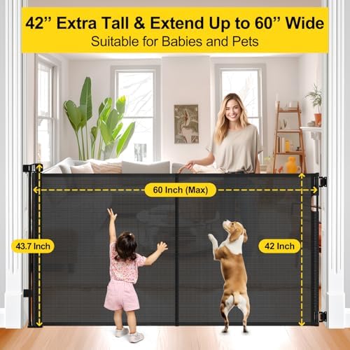 One handed locking mechanism on a tall black retractable child gate