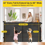 One handed locking mechanism on a tall black retractable child gate