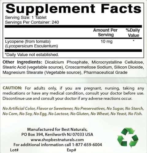 Best Naturals Lycopene supplement facts and ingredients label
