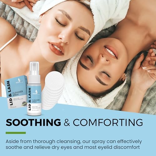 Fragrance free and alcohol free eyelid cleanser spray for sensitive skin.