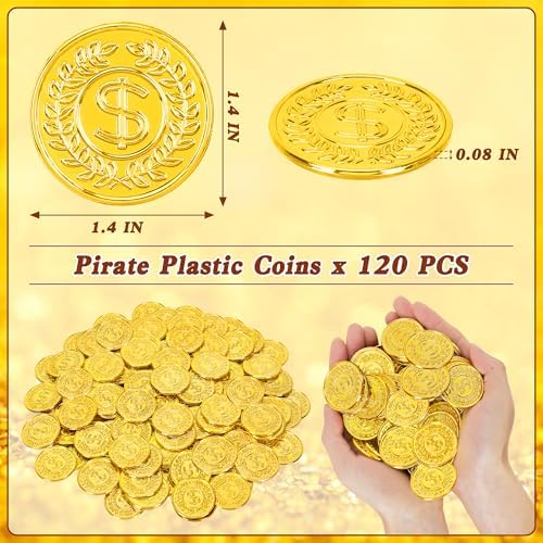A pile of 120 pieces pirate treasure fake coins displayed on a flat surface.