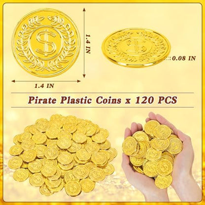 A pile of 120 pieces pirate treasure fake coins displayed on a flat surface.