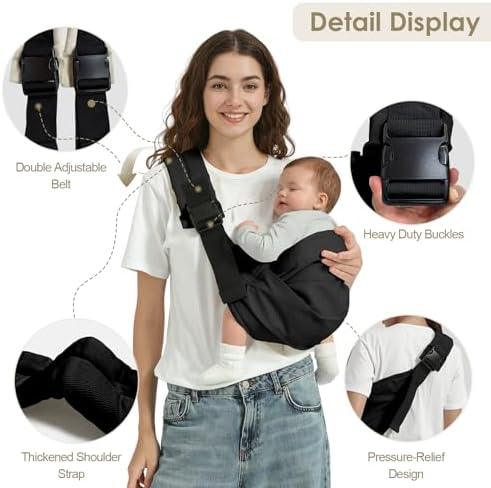 BAMBORA infant hip seat sling showing the double safety buckle mechanism up close.