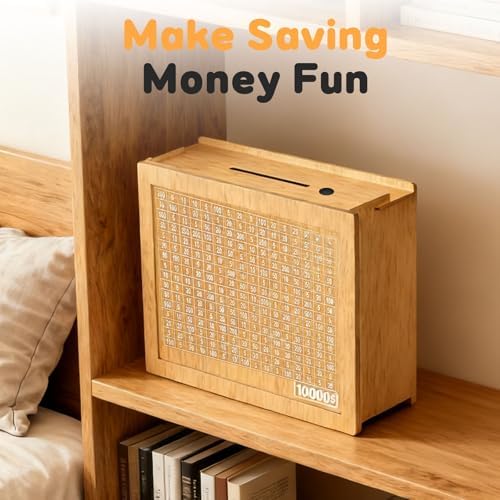 Teamoda wooden piggy bank with marking pen demonstrating progress tracking feature