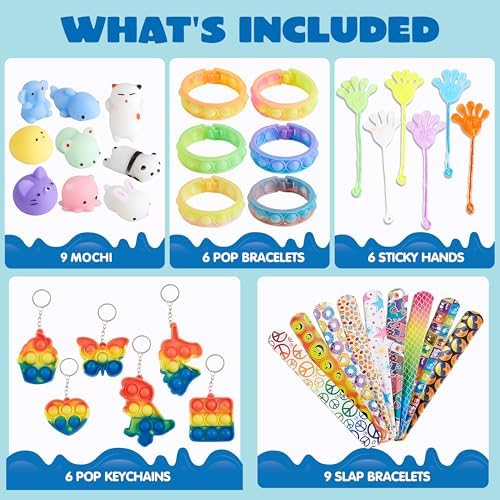 Assorted sensory fidget toys including pop tubes and squishies