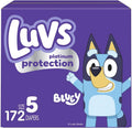 Luvs Platinum Protection Size 5 172 count box front view featuring Bluey character designs