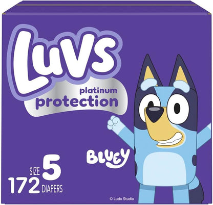 Luvs Platinum Protection Size 5 172 count box front view featuring Bluey character designs