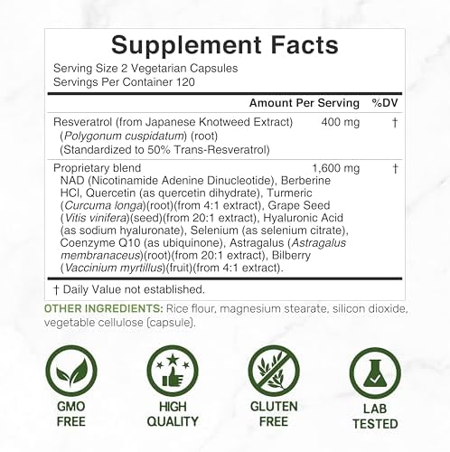 Deal Supplement Trans-Resveratrol 240 veggie capsules nutritional facts and 11-in-1 ingredients label