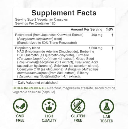 Deal Supplement Trans-Resveratrol 240 veggie capsules nutritional facts and 11-in-1 ingredients label