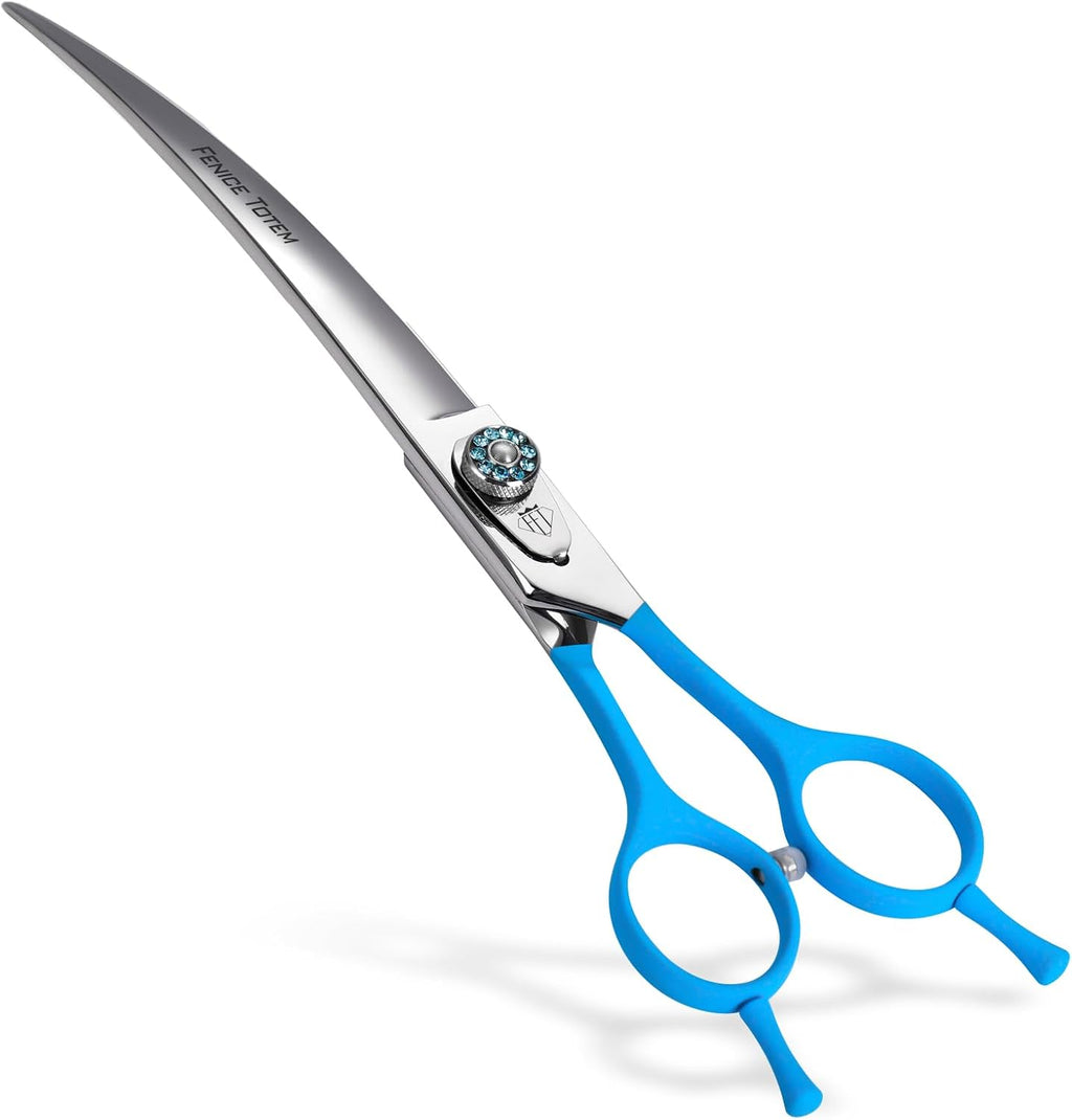 Fenice Totem professional curved pet grooming scissors front view showing the blue ergonomic handle.