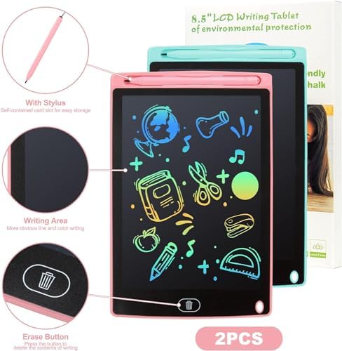 Kid using stylus on colorful LCD writing tablet screen
