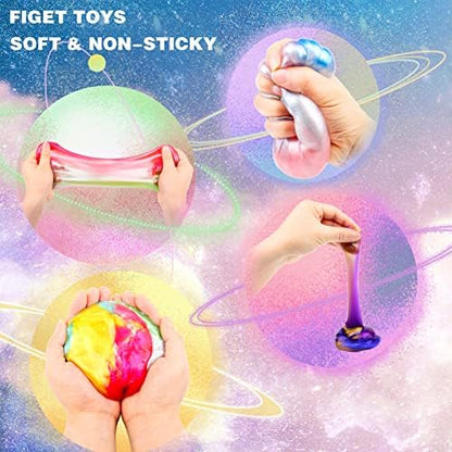 Close up of non sticky colorful galaxy slime being stretched by hand