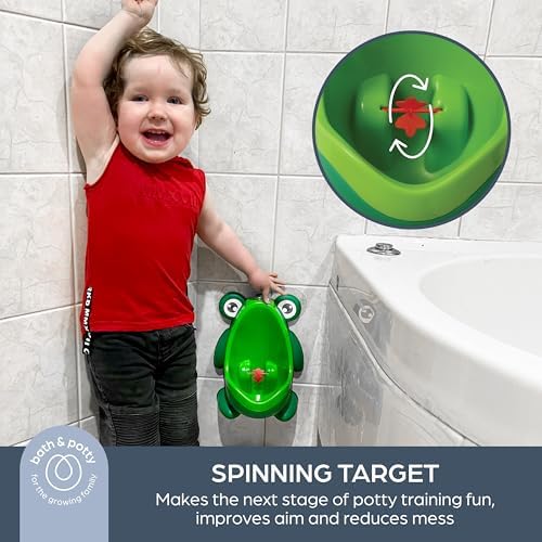 Frog shaped toddler urinal with spinning target