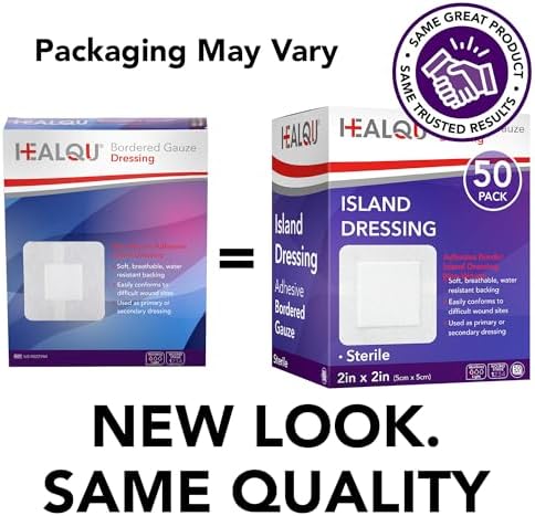 Healqu sterile wound care pads opened individual wrapper showing the 2x2 inch adhesive border design.