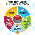 Large red buzzer desktop prank toy with gray base highlighting warning text.