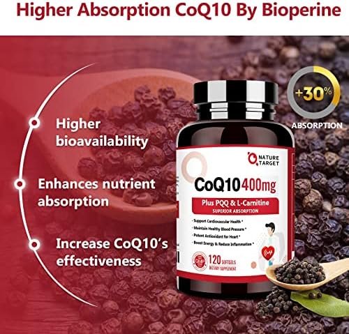 Nature Target supplement bottle showing PQQ and L-Carnitine callouts.