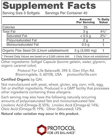 Supplement facts and nutritional breakdown on the back of Protocol for Life Balance Flaxseed Oil bottle.