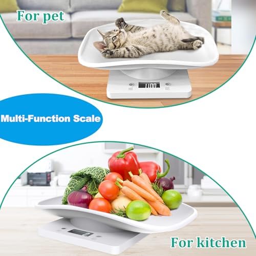 Portable electronic pet scale with measuring tape and grooming accessories layout