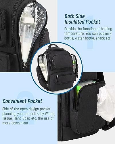 Interior layout of the open Mancro diaper backpack revealing multiple organizer compartments and storage slots for baby gear
