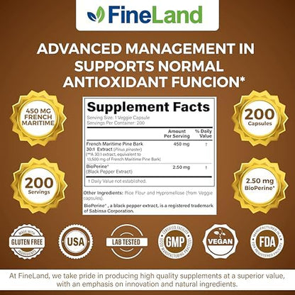 Non GMO vegan pine bark extract capsules with BioPerine for enhanced nutrient absorption.