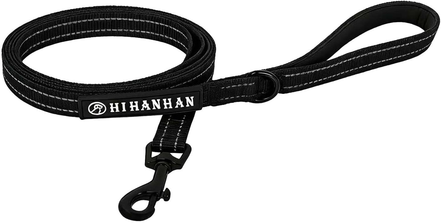 HIHANHAN Reflective Dog Leash premium black six feet nylon leash front view showcasing the heavy duty metal collar hook.