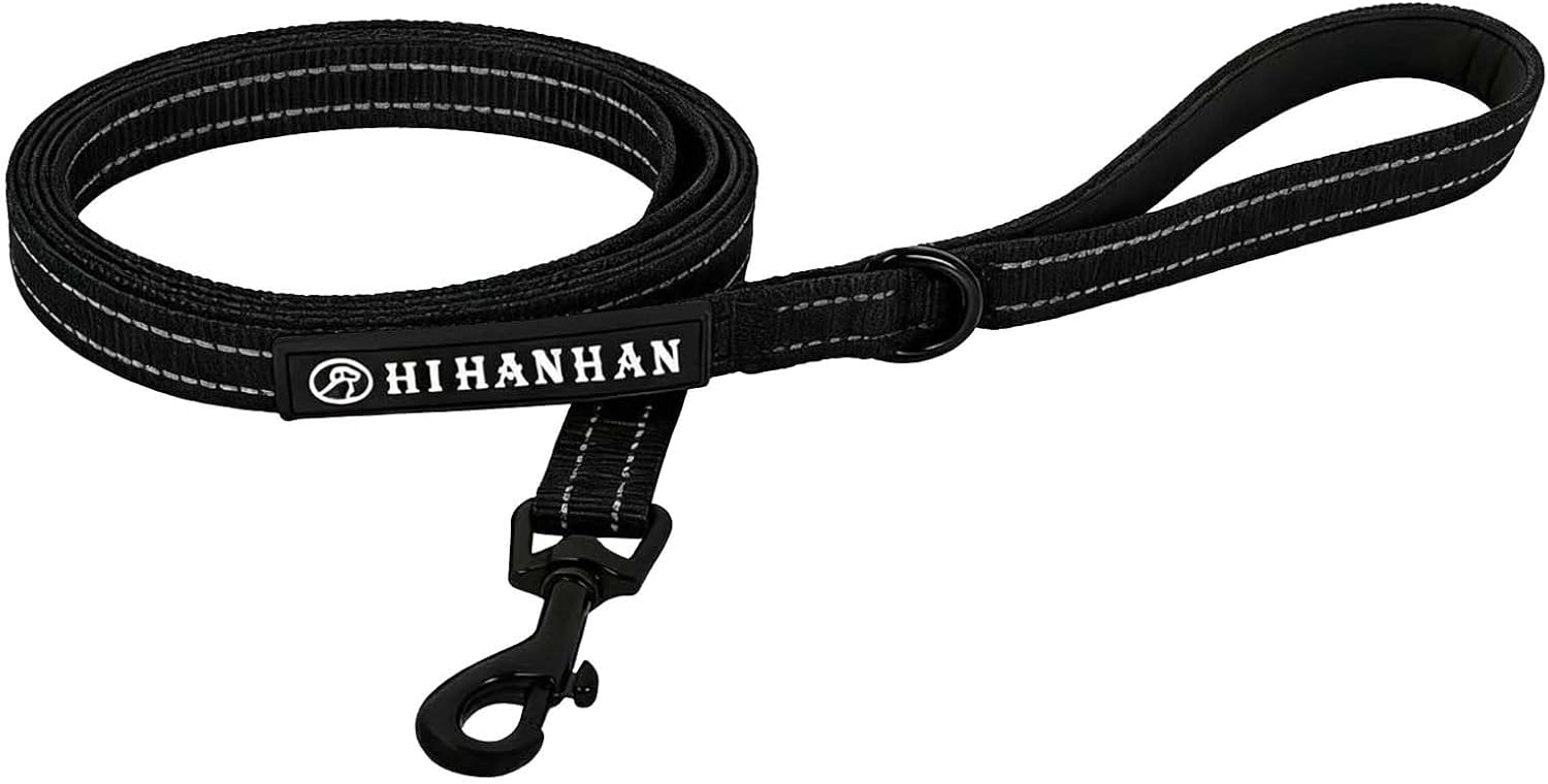 HIHANHAN Reflective Dog Leash premium black six feet nylon leash front view showcasing the heavy duty metal collar hook.