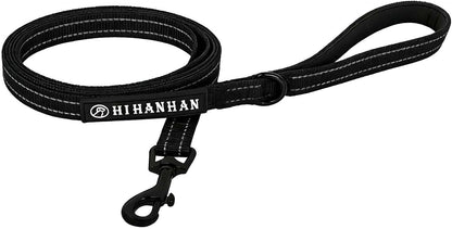 HIHANHAN Reflective Dog Leash premium black six feet nylon leash front view showcasing the heavy duty metal collar hook.