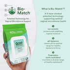 Side view of Good Clean Love Balance wipes pack highlighting biodegradable material.