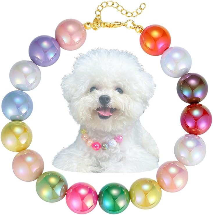 Kepudengen pet fashion necklace front view showcasing vibrant candy colored beads on a small white dog