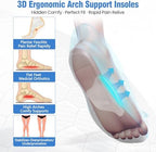Adhesive orthotic shoe insoles being applied to the arch of a sandal.